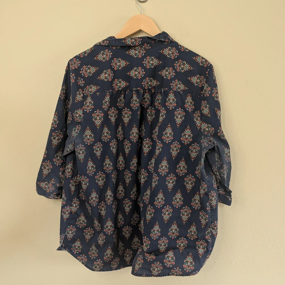 Roaman's Womens 20W Navy Blue Boho Paisley Button‎ Up Shirt Plus Size 3/4 Sleeve